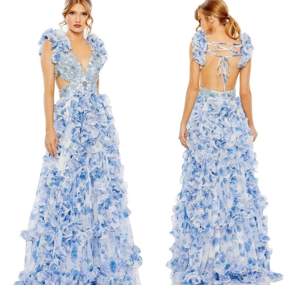 Mac Duggal Dresses & Skirts - NWT Mac Duggal Floral Lace Up Tie Back Ruffle Shoulder Embellished Gown